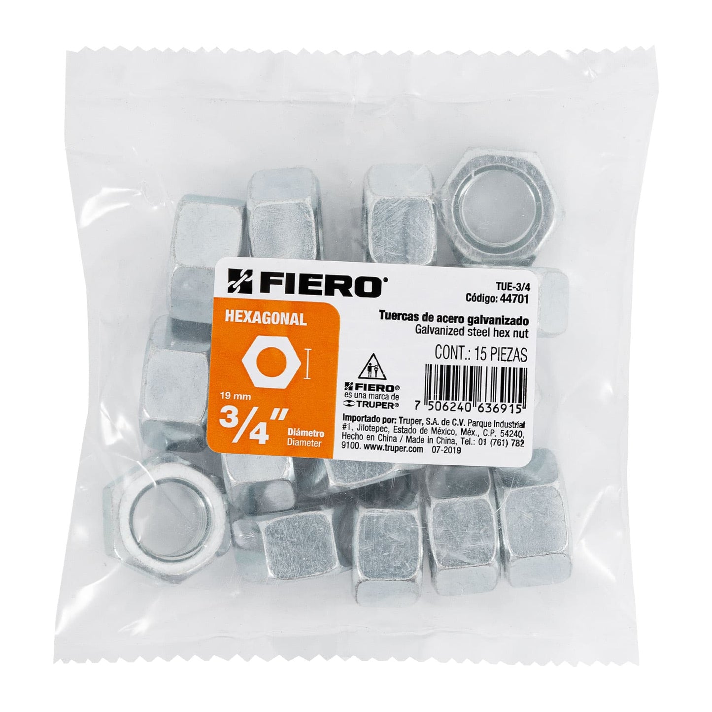 Tuerca hexagonal galvanizada 3/4 pulg