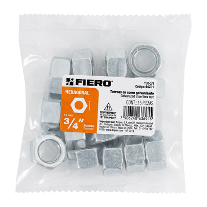 Tuerca hexagonal galvanizada 3/4 pulg
