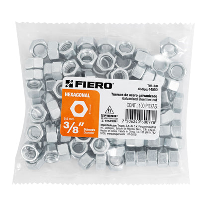 Tuerca hexagonal galvanizada 3/8 pulg