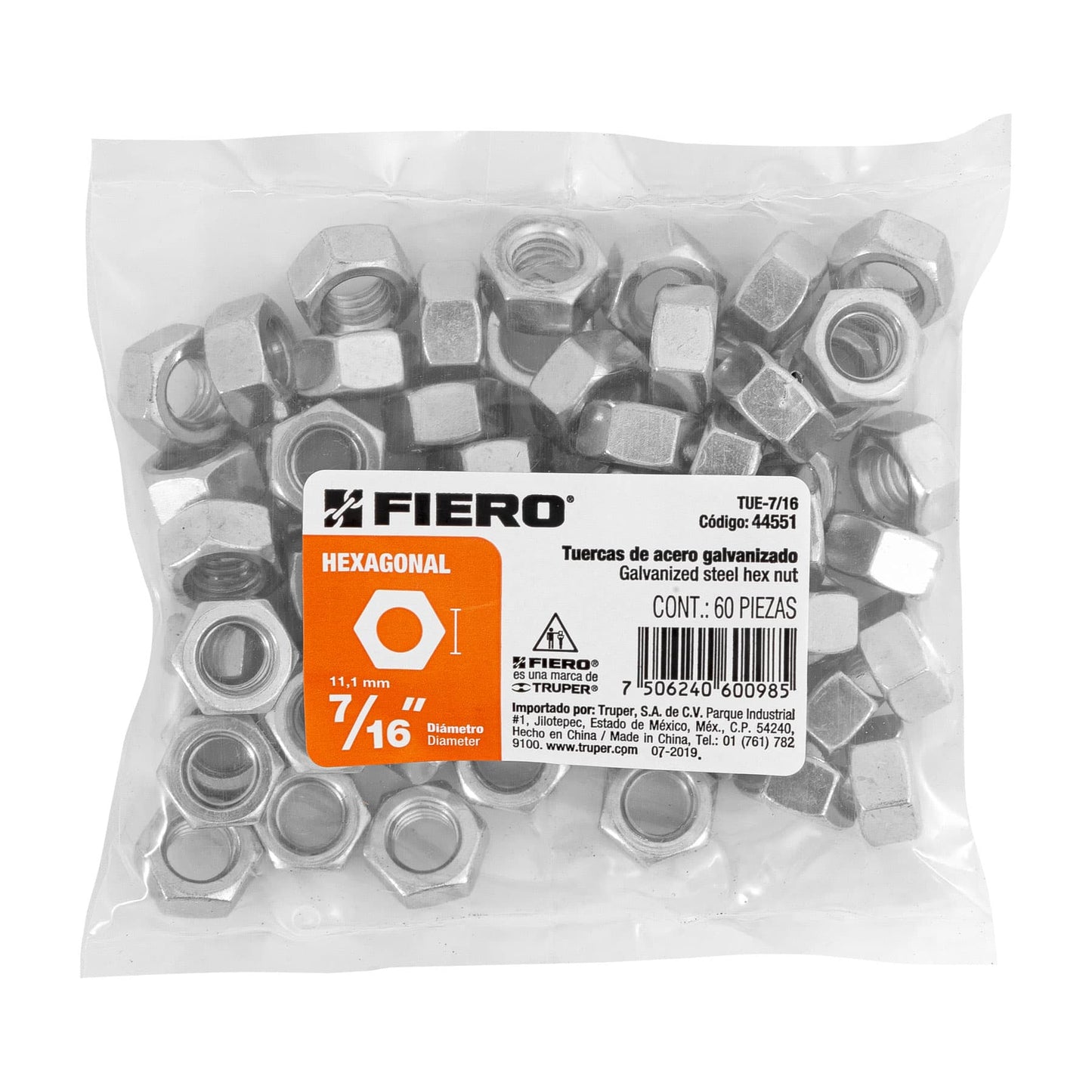 Tuerca hexagonal galvanizada 7/16 pulg