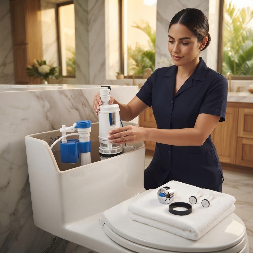 Imagen ilustrativa de uso: un instalador coloca el kit de accesorios de sistema dual en el tanque de un inodoro en un baño de mármol
