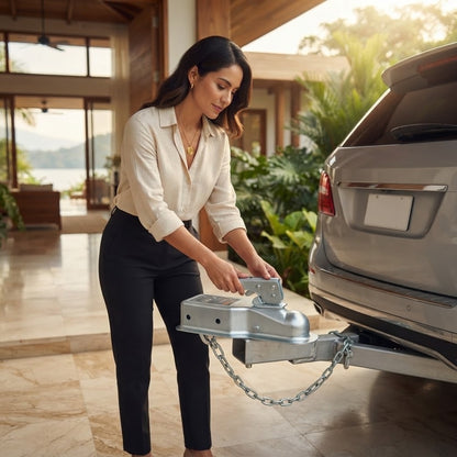 Imagen ilustrativa de uso: una mujer engancha un remolque pequeño con un acoplador plateado a la bola de enganche de un SUV