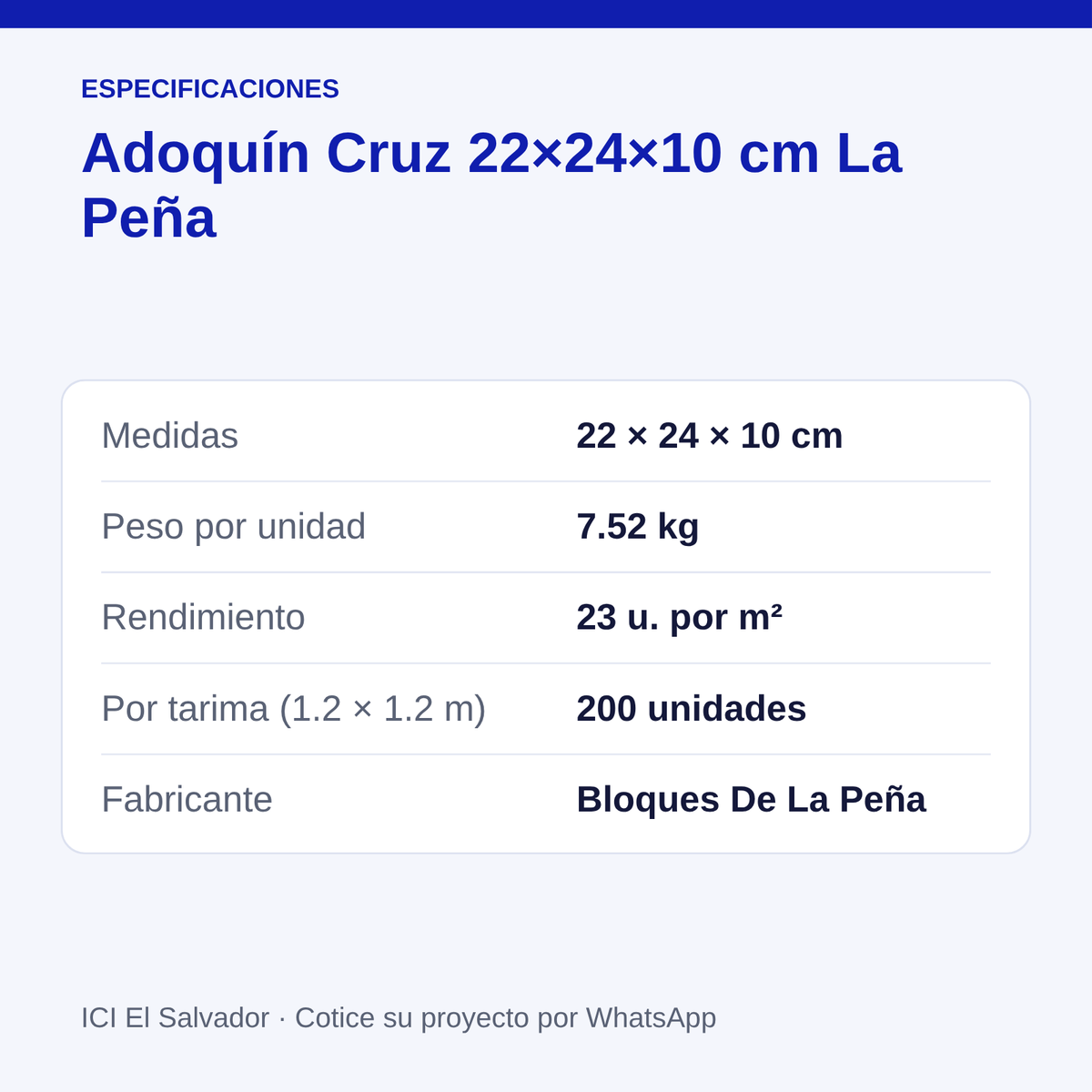 Adoquín cruz de concreto 22x24x10 cm — tarjeta con medidas, peso, rendimiento y unidades por tarima