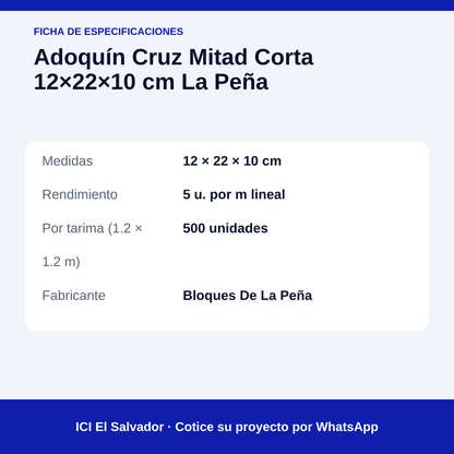 Adoquín cruz mitad corta 12x22x10 cm — tarjeta con medidas, rendimiento y unidades por tarima