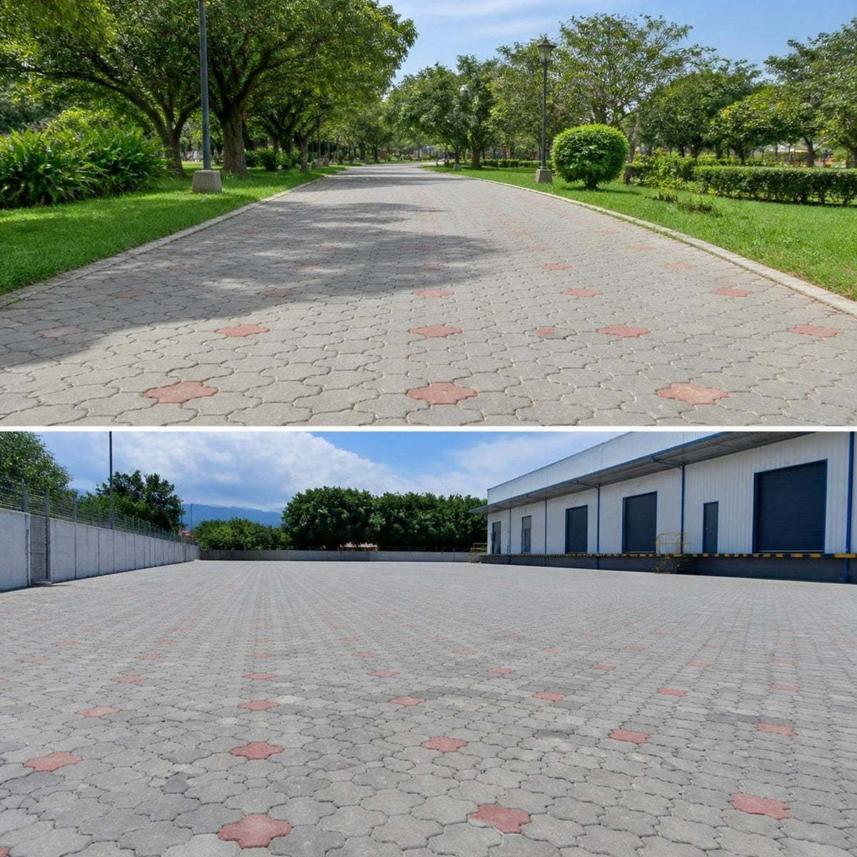 Adoquín cruz mitad larga 11x24x10 cm — parque y patio industrial pavimentados