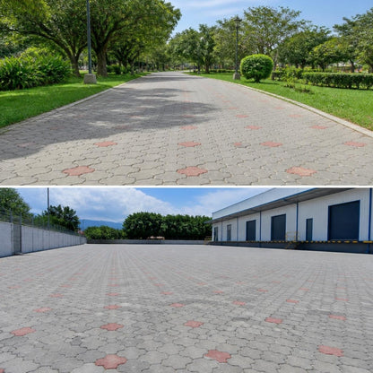 Adoquín cruz mitad larga 11x24x10 cm — parque y patio industrial pavimentados