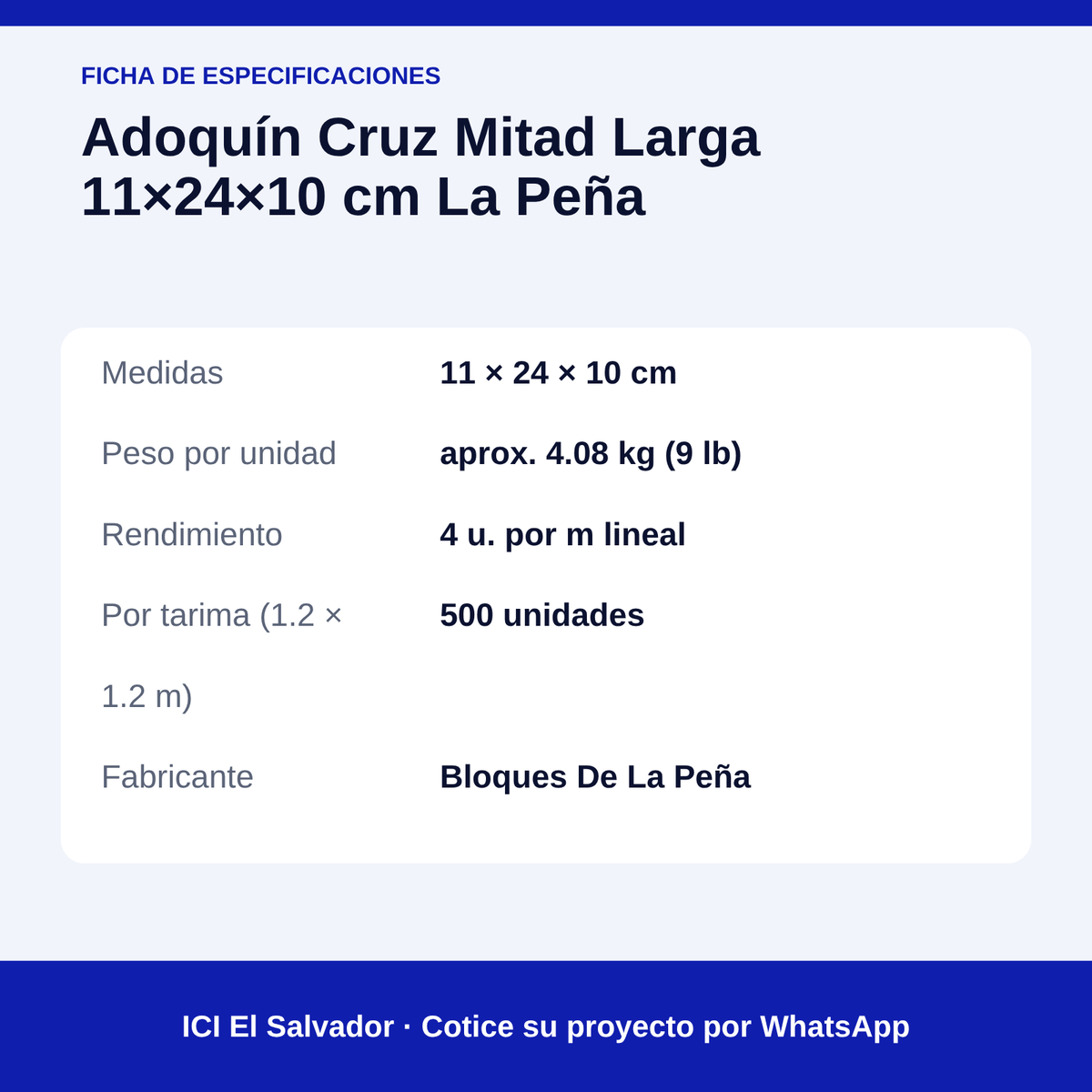 Adoquín cruz mitad larga 11x24x10 cm — tarjeta con medidas, rendimiento y unidades por tarima