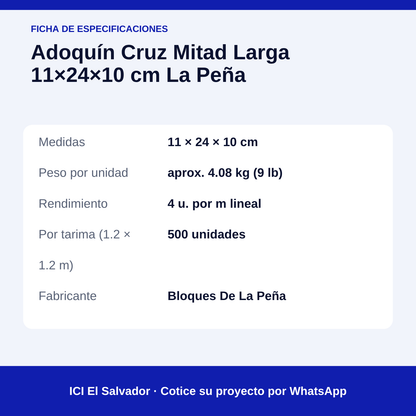 Adoquín cruz mitad larga 11x24x10 cm — tarjeta con medidas, rendimiento y unidades por tarima