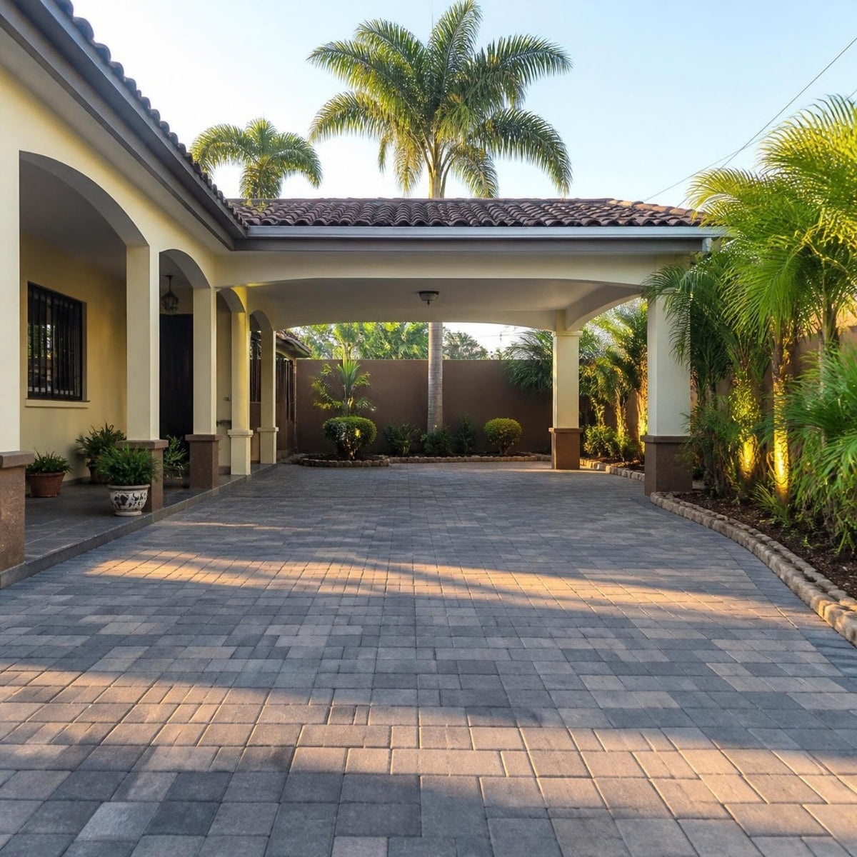 Adoquín de concreto cuadrado 10x10x8 cm — patio y cochera adoquinados en una vivienda salvadoreña