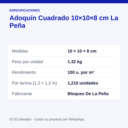 Adoquín de concreto cuadrado 10x10x8 cm — tarjeta con medidas, peso, rendimiento y unidades por tarima