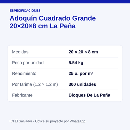 Adoquín de concreto cuadrado grande 20x20x8 cm — tarjeta con medidas, peso, rendimiento y unidades por tarima