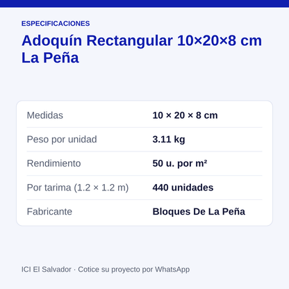 Adoquín de concreto rectangular 10x20x8 cm — tarjeta con medidas, peso, rendimiento y unidades por tarima