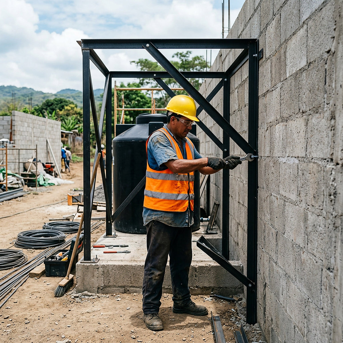 Obrero con casco y chaleco fijando estructura de ángulo de acero para tanque, imagen referencial