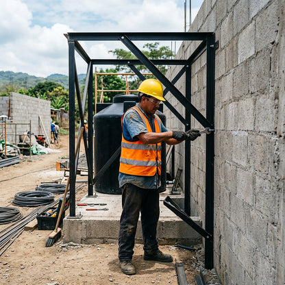 Obrero con casco y chaleco fijando estructura de ángulo de acero para tanque, imagen referencial