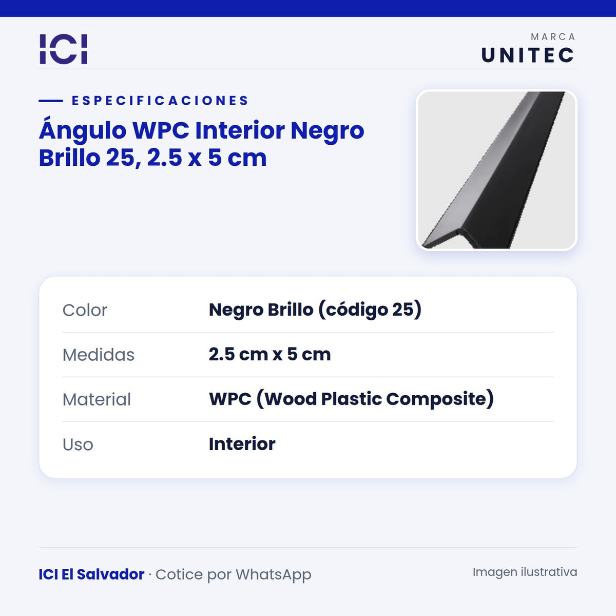 Ficha de especificaciones de Ángulo WPC Interior Negro Brillo 25