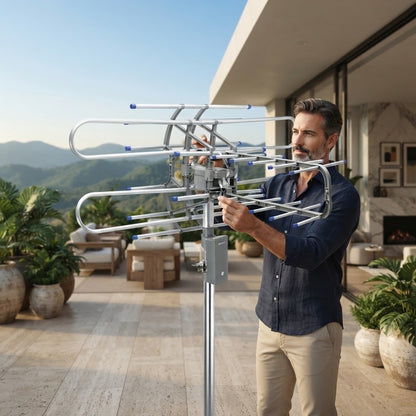 Imagen ilustrativa de uso: un hombre ajusta una antena giratoria de 360° sobre un poste en la terraza de una casa de campo