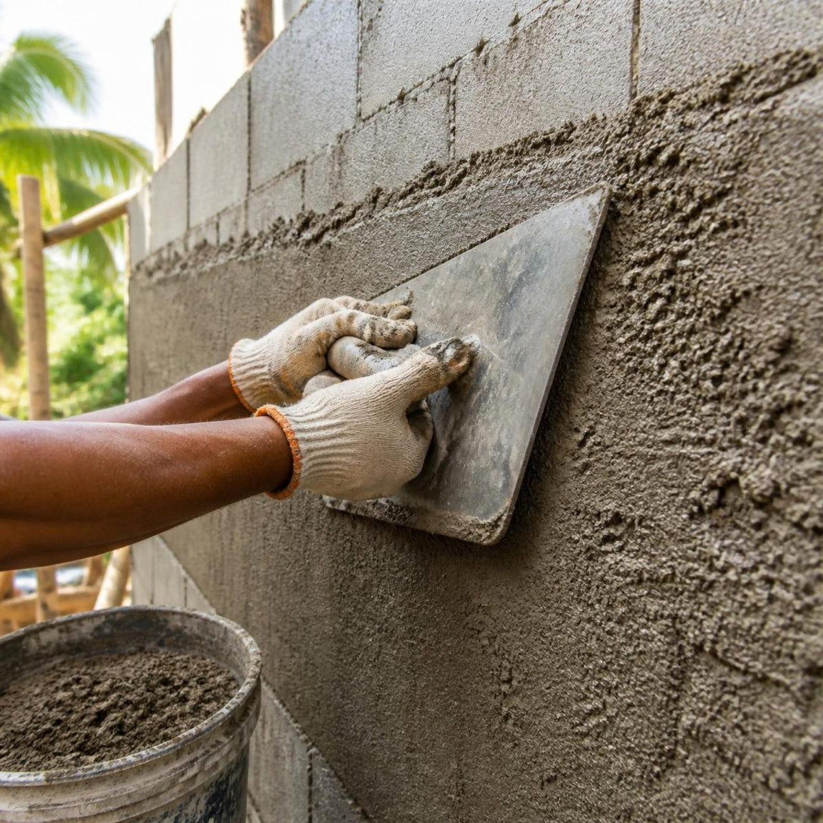 Aplicación típica de arena cernida en repello de pared de bloque
