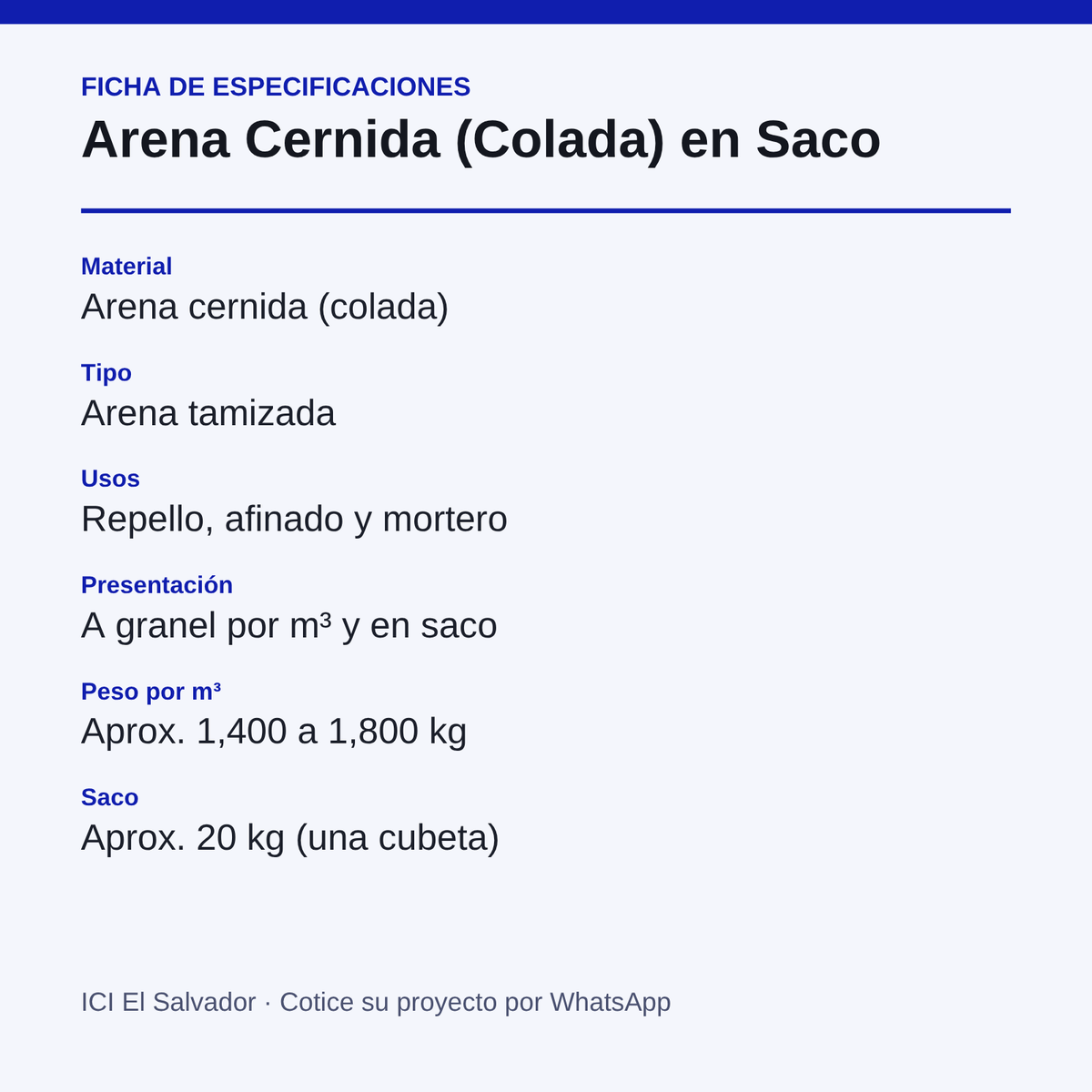 Tarjeta de especificaciones de la arena cernida (colada)