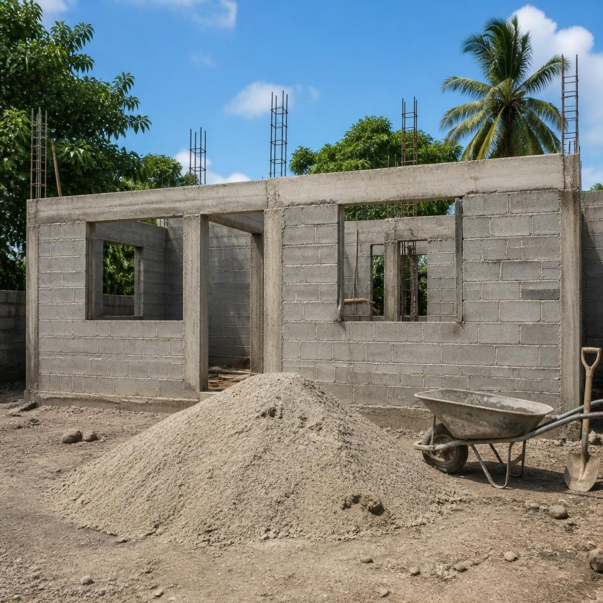 Vivienda de bloques en construcción con un montículo de arena de río en el patio