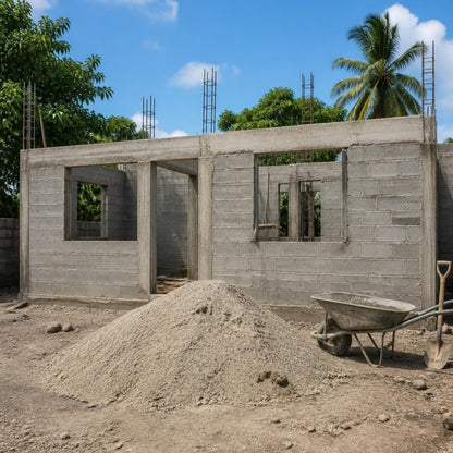 Vivienda de bloques en construcción con un montículo de arena de río en el patio
