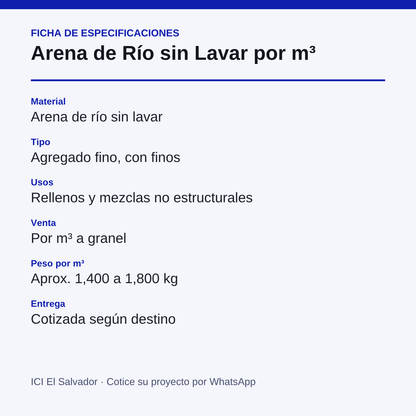 Tarjeta de especificaciones de la arena de río sin lavar por m³
