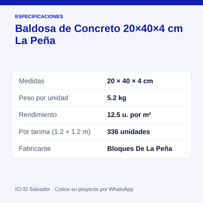 Baldosa de concreto 20x40x4 cm — tarjeta con medidas, peso, rendimiento y unidades por tarima