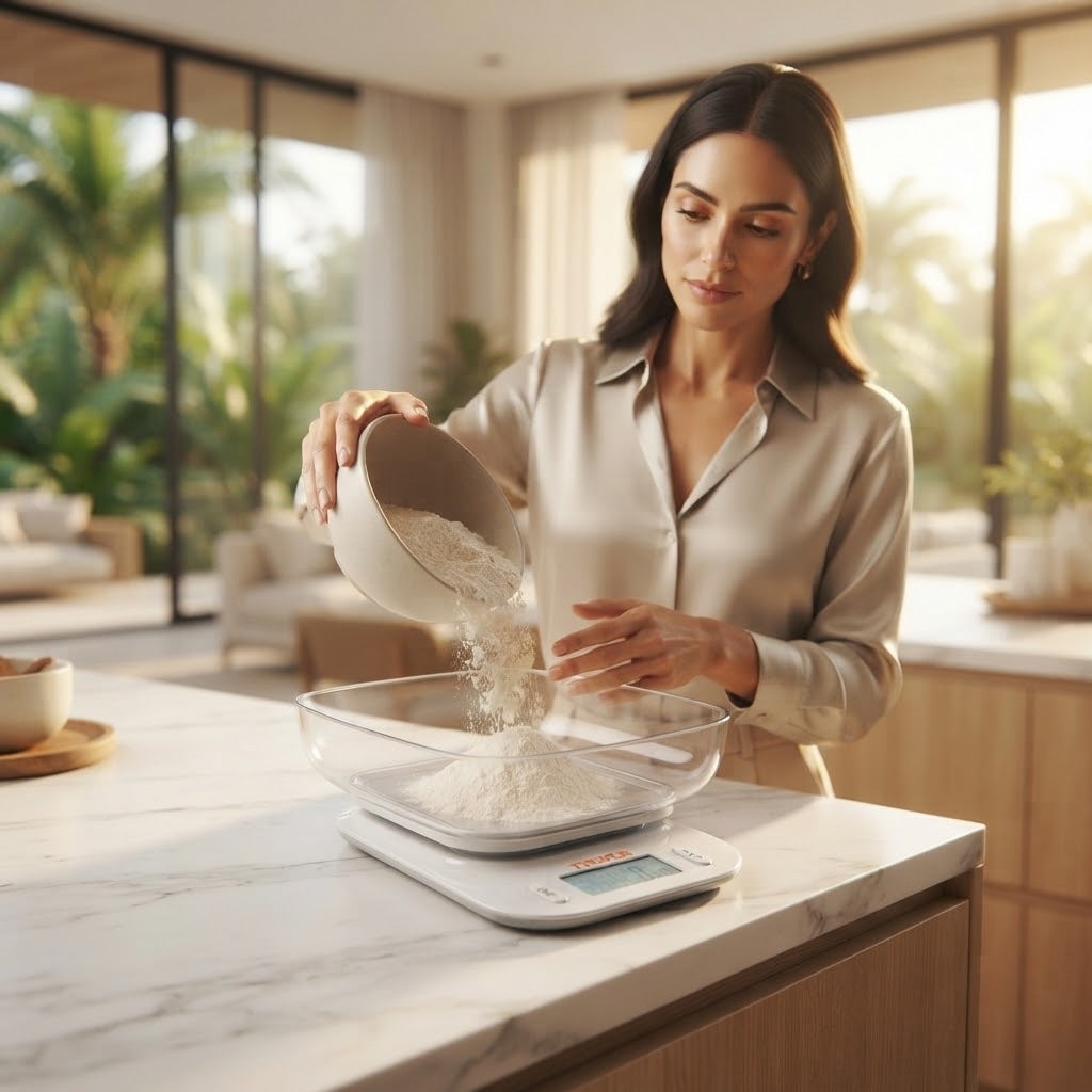 Imagen ilustrativa de uso: una mujer pesa harina en un tazón con una báscula digital de cocina de 5 kg