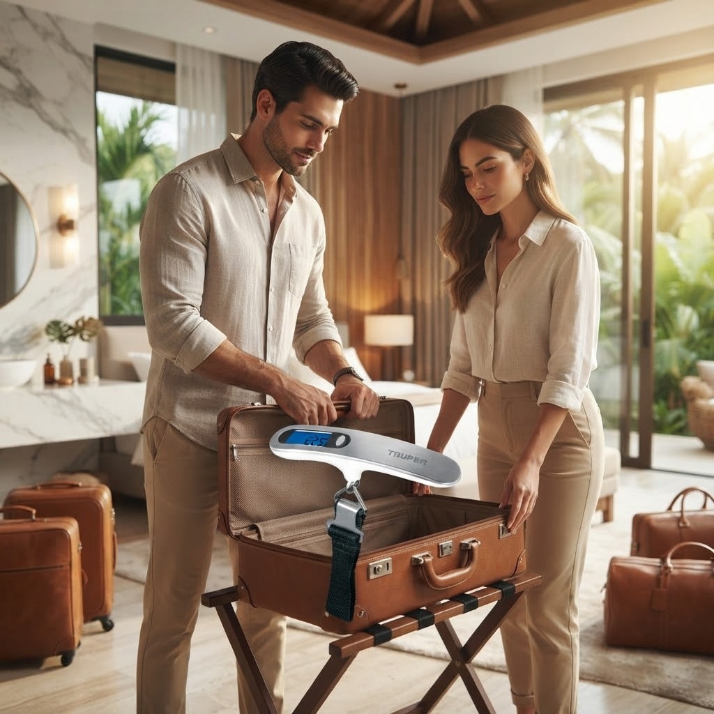 Imagen ilustrativa de uso: una pareja pesa una maleta con una báscula electrónica para equipaje colgada del asa en una habitación