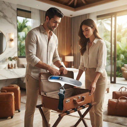 Imagen ilustrativa de uso: una pareja pesa una maleta con una báscula electrónica para equipaje colgada del asa en una habitación