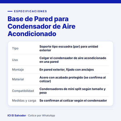 Ficha de especificaciones: base de pared para condensador