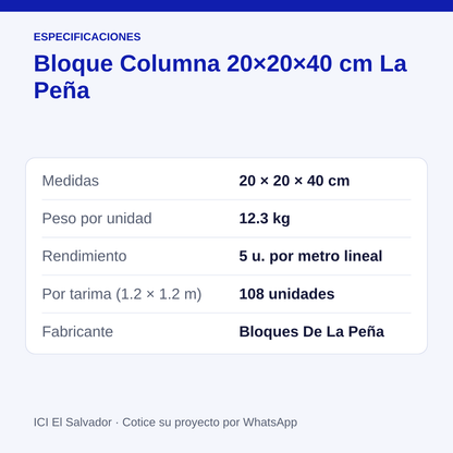 Bloque columna 20x20x40 cm — tarjeta con medidas, peso y unidades por tarima