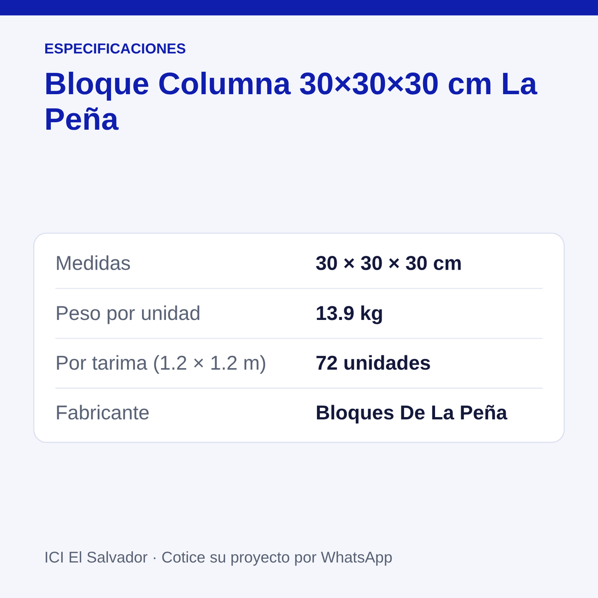 Bloque columna 30x30x30 cm — tarjeta con medidas, peso y unidades por tarima