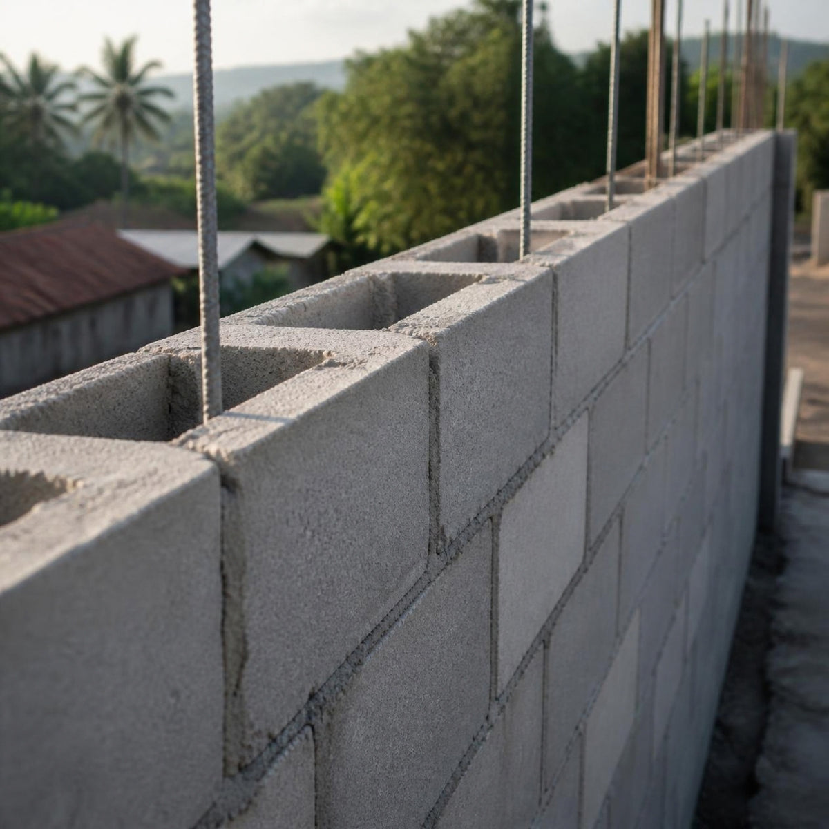 Bloque de concreto 10x20x40 cm — pared de mampostería con varillas de refuerzo