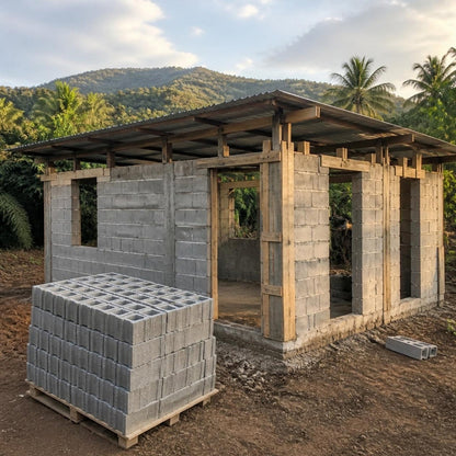 Bloque de concreto 12x20x40 cm — vivienda de una planta en construcción con tarima de bloques
