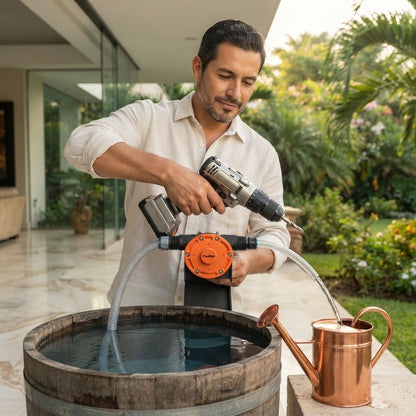Imagen ilustrativa de uso: un hombre usa una bomba de trasvase accionada con taladro para pasar agua de un barril a una regadera en la terraza de una villa