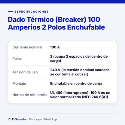 Dado térmico (breaker) 100 A 2 polos enchufable — tarjeta de especificaciones