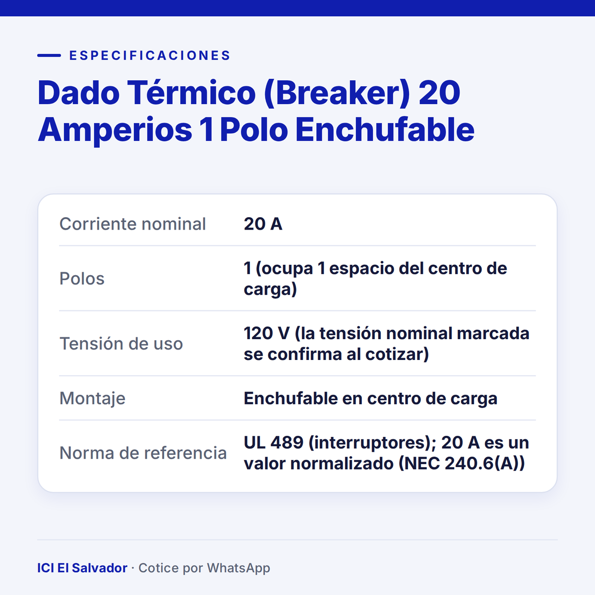 Dado térmico (breaker) 20 A 1 polo enchufable — tarjeta de especificaciones