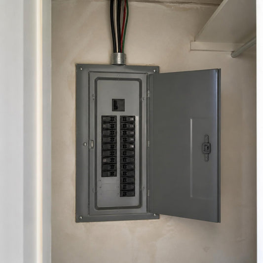 Dado térmico (breaker) 30 A 2 polos enchufable — centro de carga empotrado en el closet de servicios de una vivienda nueva