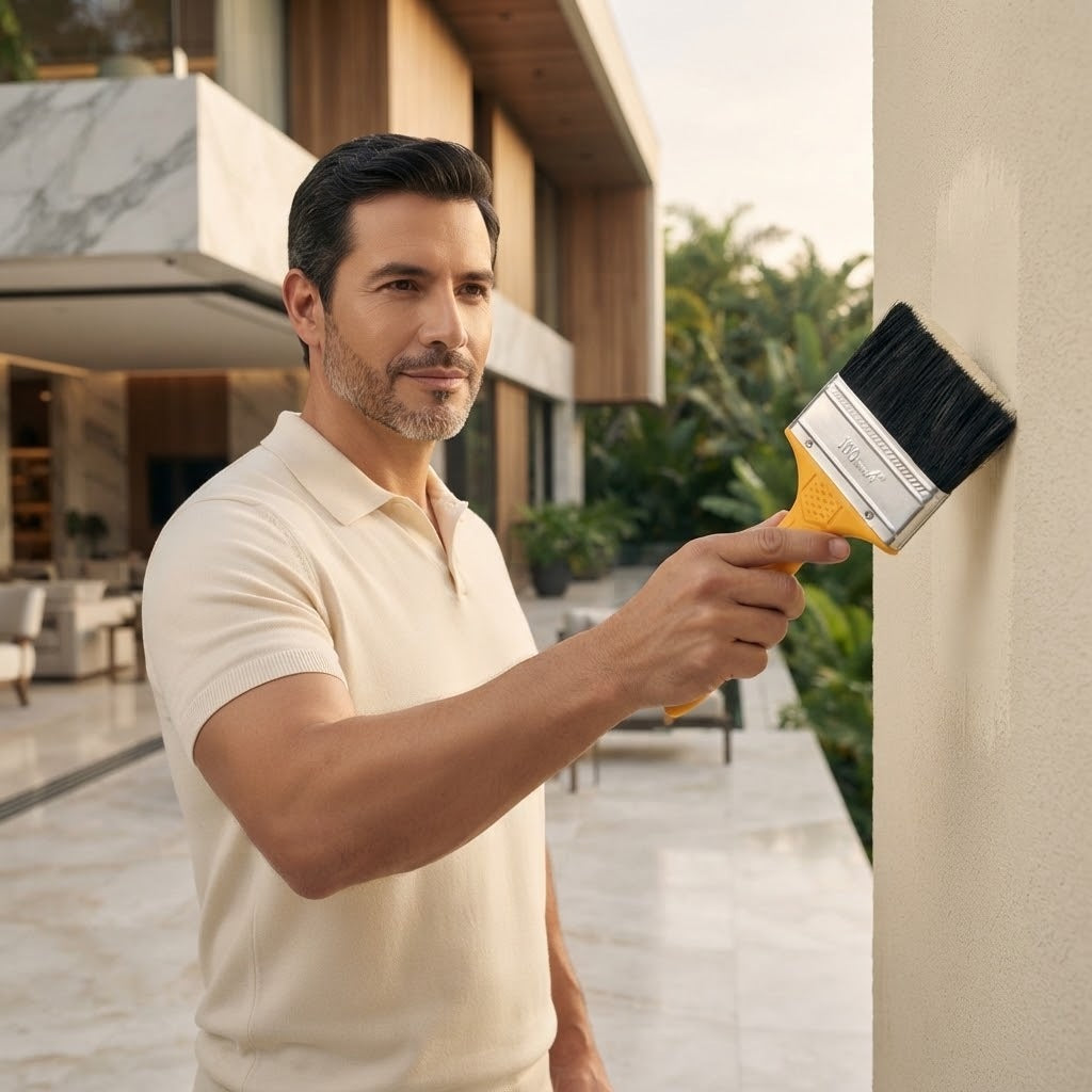 Imagen ilustrativa de uso: un hombre pinta una pared exterior con una brocha de 4 pulgadas en la terraza de una casa moderna