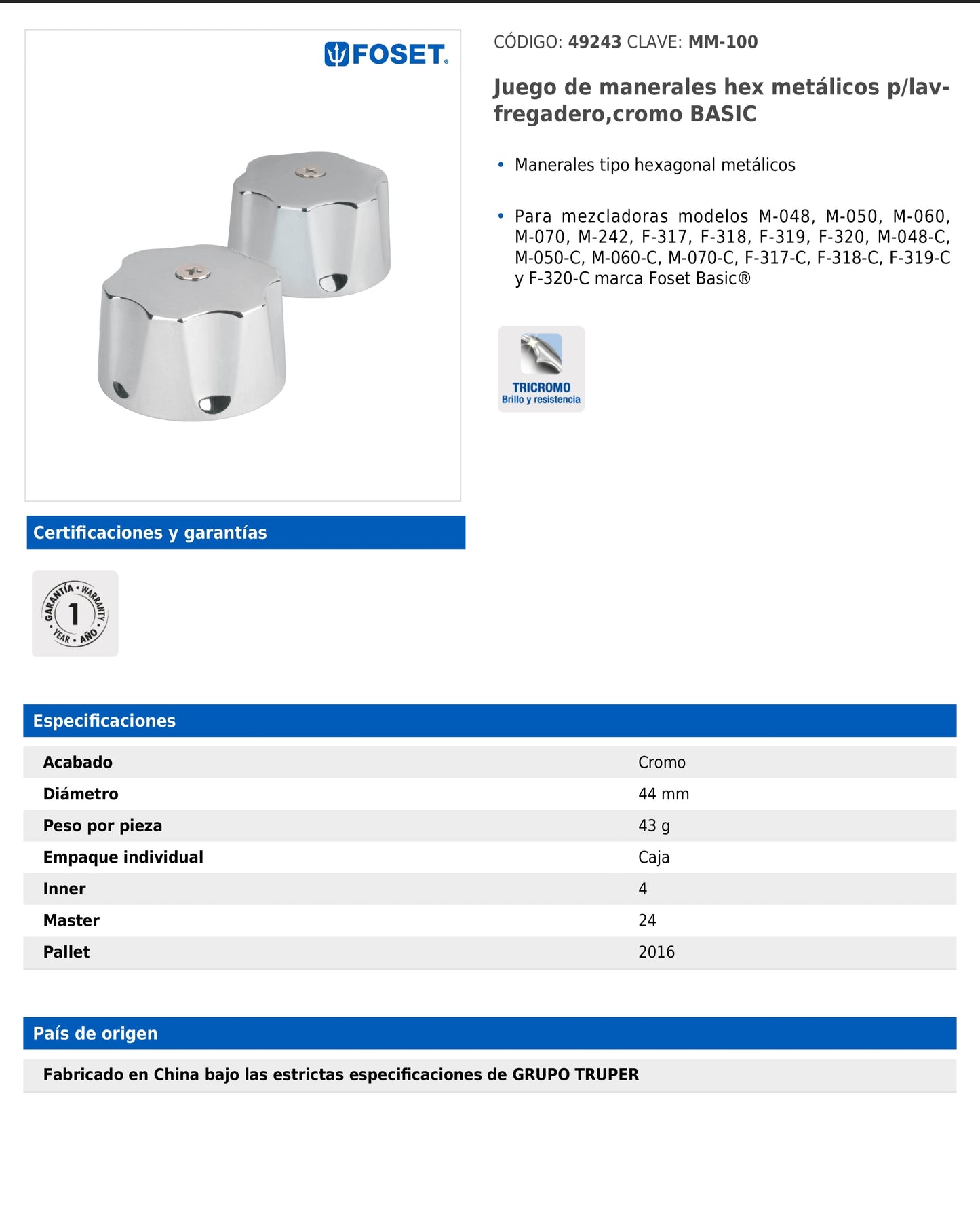 Juego de manerales hexagonales metálicos para lavabo y fregadero