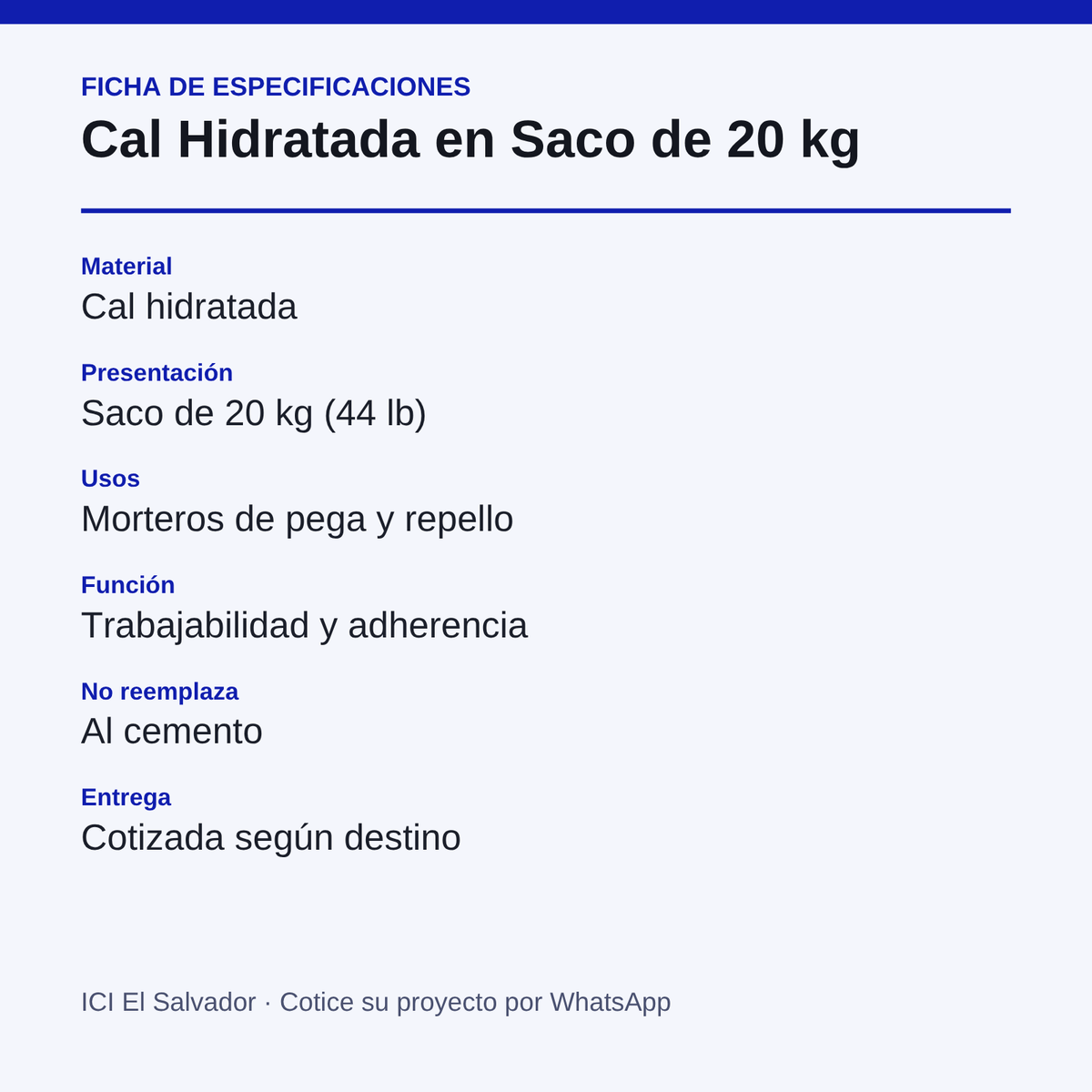 Tarjeta de especificaciones de la cal hidratada en saco de 20 kg