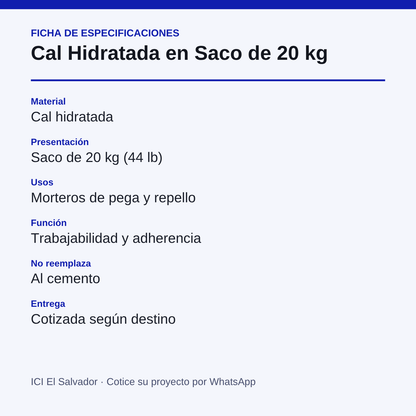 Tarjeta de especificaciones de la cal hidratada en saco de 20 kg