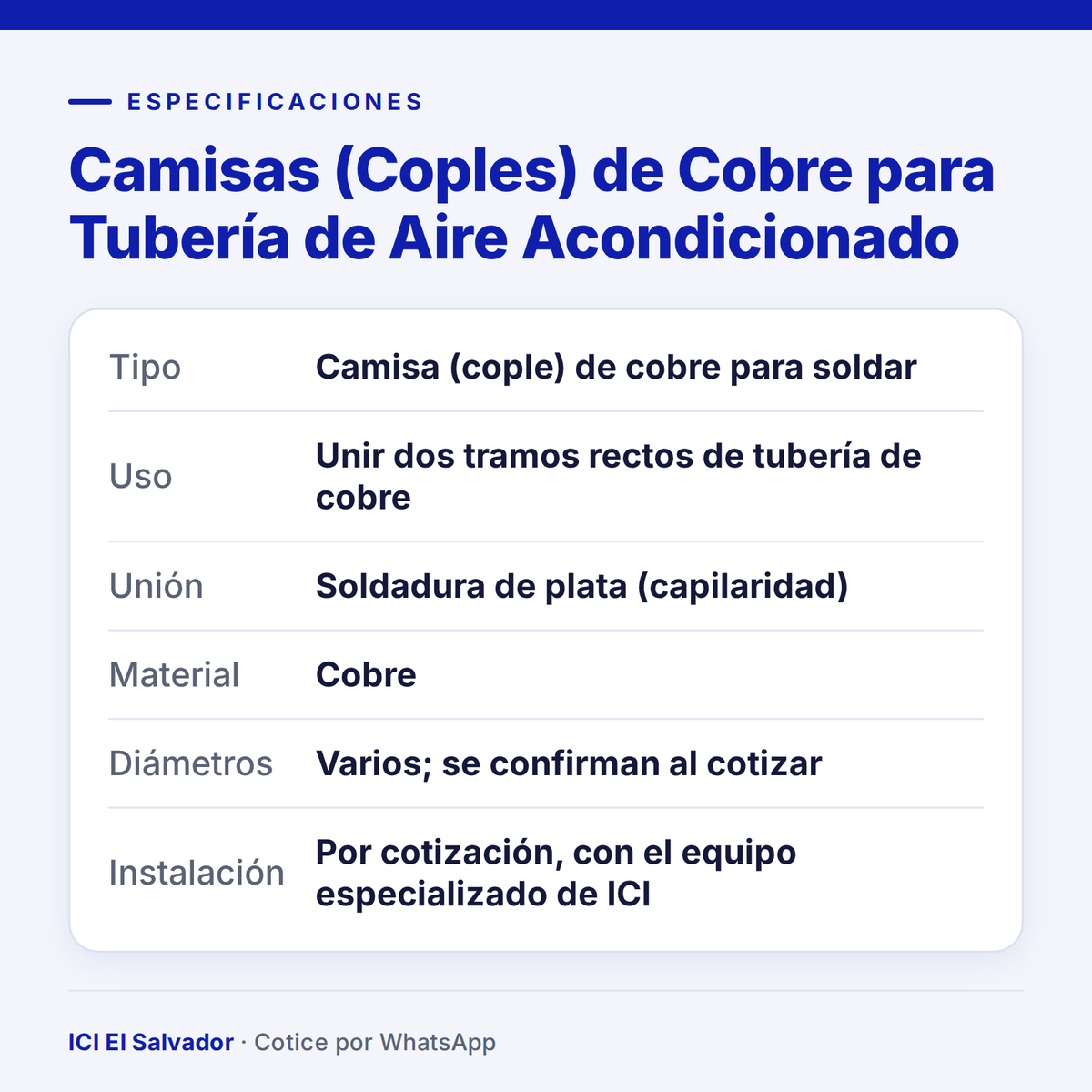 Ficha de especificaciones: camisas de cobre