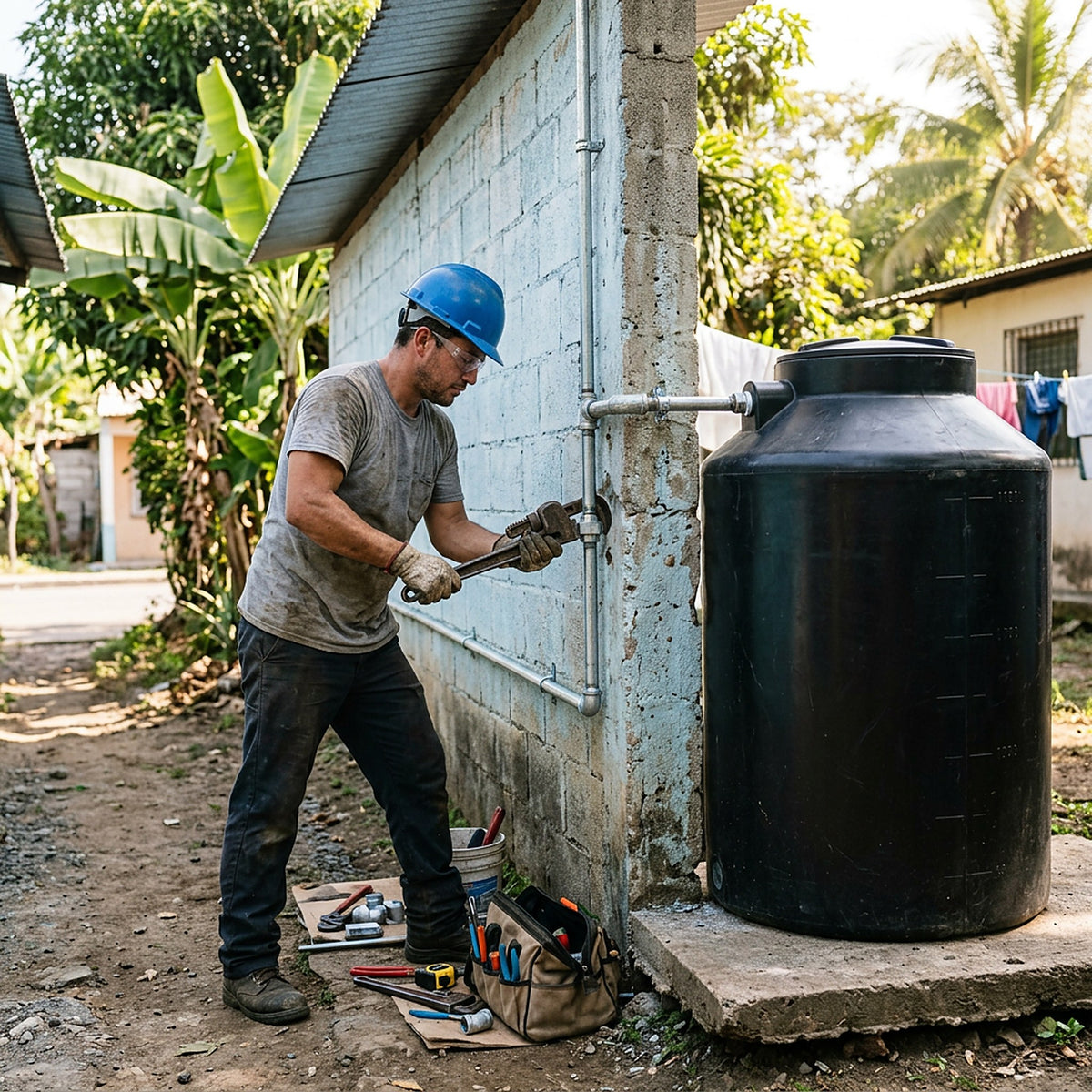 Fontanero con casco y guantes instalando tubería de agua de caño galvanizado, imagen referencial