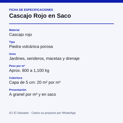 Tarjeta de especificaciones del cascajo rojo