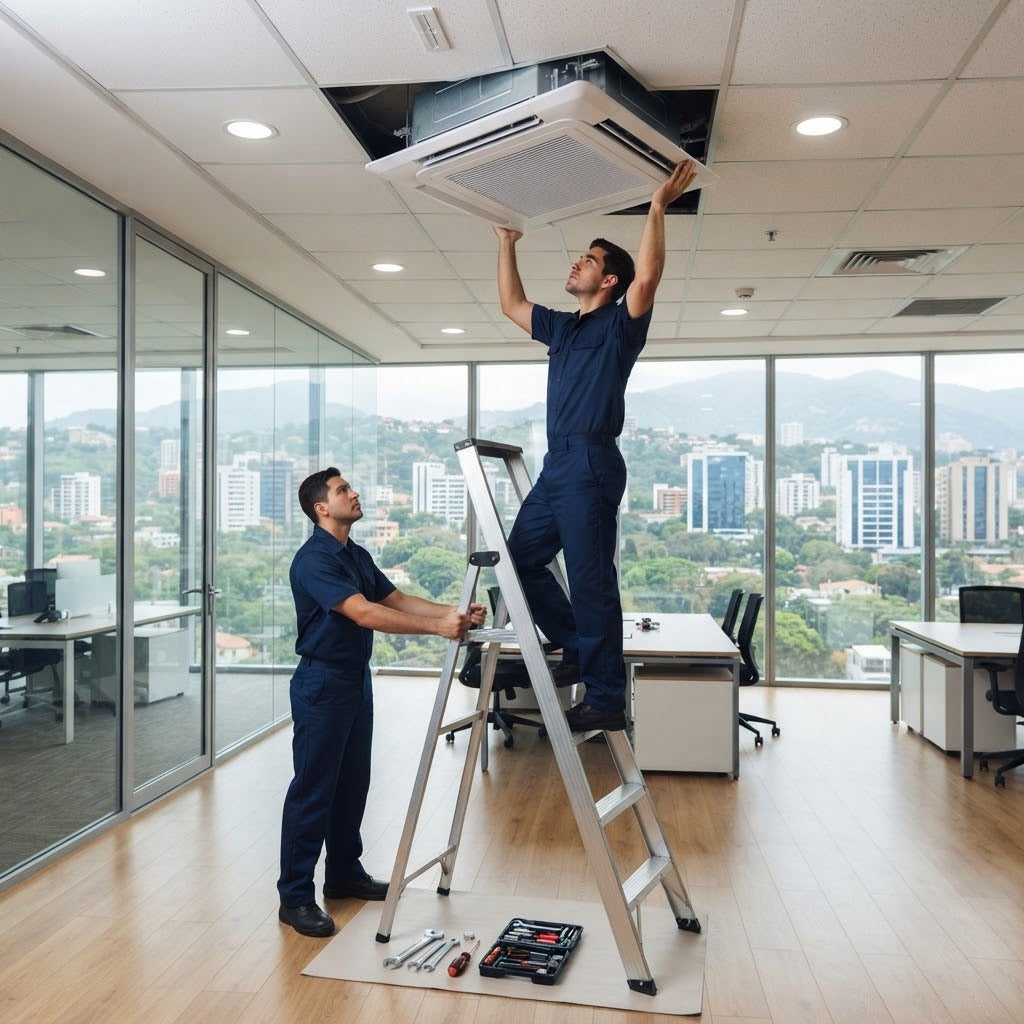 Instalación típica de un cassette: técnico colocando la unidad en el cielo falso
