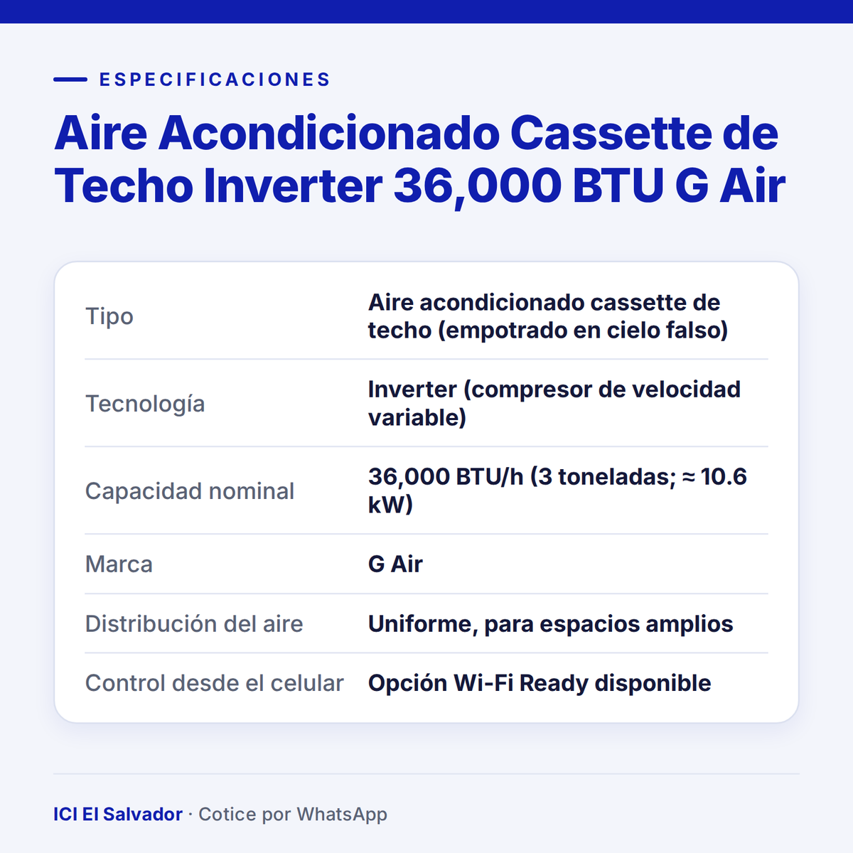 Ficha de especificaciones: cassette de techo inverter G Air 36,000 BTU