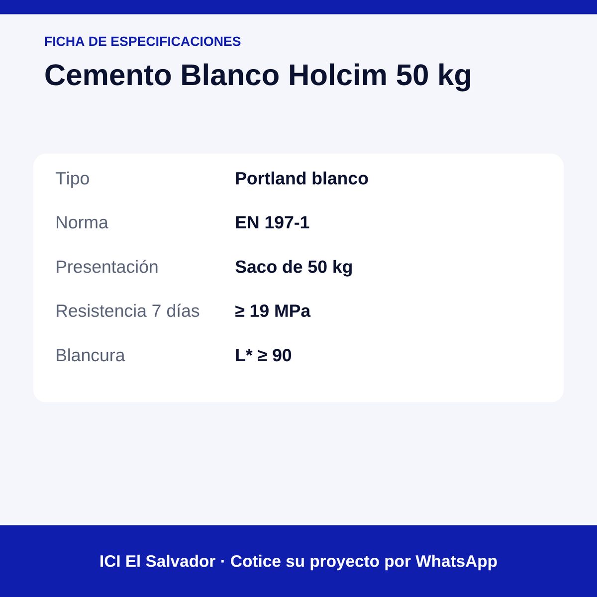Cemento blanco Holcim 50 kg — tarjeta de especificaciones