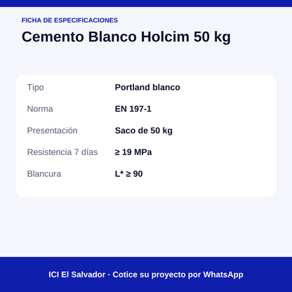 Cemento blanco Holcim 50 kg — tarjeta de especificaciones
