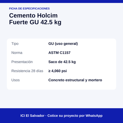 Cemento Holcim Fuerte GU 42.5 kg — tarjeta de especificaciones